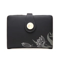 Portefeuille pliable en cuir noir pour femme avec imprimé floral et boucle en métal doré - Noir