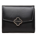 Cartera corta plegable de cuero negro con textura litchi y hebilla de trébol - Negro
