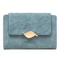 Short grey-blue matte PU leather wallet featuring a golden leaf buckle and embossed patterns - Sky Blue