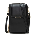 Close-up of black PU leather vertical phone bag with gold hardware and quilted texture - Black