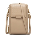 Detailed view of beige vertical crossbody phone bag with multi-layer zippers and gold hardware - Apricot