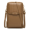 Detailed view of brown lychee-textured phone bag with gold Prettyzys logo and zip closure - Coffee