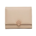 Close-up of beige trifold wallet featuring neat white stitching and a metal clasp - Apricot