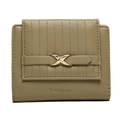 Olive green short PU leather wallet with vertical quilting and gold X-shaped metal buckle - Green