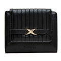 Detailed macro view of black PU leather wallet with vertical pleats and golden X buckle - Black
