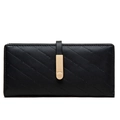 Detail of black quilted leather long wallet with golden buckle and fine stitching - Black