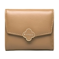 Cartera de cuero plegable para mujer en caqui con hebilla metálica de trébol dorado - Marrón