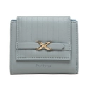 Close-up of light blue trifold wallet featuring vertical quilting and gold X-shaped metal buckle - Gray Blue