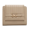 Detail view of tri-fold wallet featuring vertical embossed texture and gold X-shaped clasp - Apricot