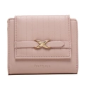 Close-up of light pink leather wallet with litchi texture and gold X-shaped buckle - Pink