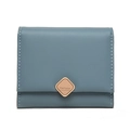 Detail of blue trifold wallet featuring golden metal buckle and neat white stitching - Dark Blue