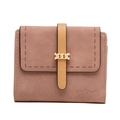Detail of pink matte leather short wallet with gold chain clasp and precision stitching - Pink