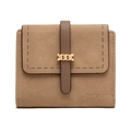 Detail of camel frosted tri-fold wallet showing golden chain buckle and neat stitching - Apricot