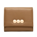 Brown litchi grain leather short folding wallet with golden leaf hardware buckles - Brown