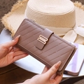 Elegant dusty pink quilted PU leather long wallet with metal buckle and stripe pattern - Coffee