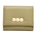 Close-up of olive green litchi grain leather wallet with golden leaf hardware details - Grey Green