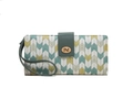 Detail view of chevron patterned long wallet with dark green strap and gold metal clasp - Green