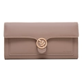 Detail of leaf-shaped gold buckle and embossed brand logo on long pink leather wallet - Camel