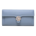 Detail of light blue tri-fold wallet featuring a golden leaf buckle and embossed logo - Blue