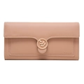 Close-up of pink long wallet with metal leaf buckle and embossed logo detail - Orange