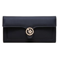 Detail of black matte PU leather wallet featuring a gold leaf buckle and neat stitching - Black