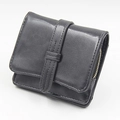 Short tri-fold oil wax leather wallet for women with vertical strap in dark grey - Dark Gray