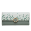 Long PU leather tri-fold wallet with eucalyptus leaf print and gold clasp - Teal