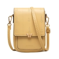 Detail view of yellow PU leather phone bag with leaf embroidery and butterfly metal clasp - Yellow