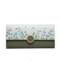 Women's long tri-fold wallet in olive green with eucalyptus leaf print and metal clasp - Green