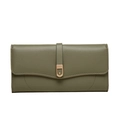 Detailed view of olive green pebbled leather texture and gold U-shaped metal buckle on wallet - Green