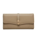 Close-up of khaki pebbled leather wallet with elegant gold U-shaped metal buckle - Khaki