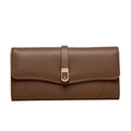 Detail of dark brown pebble leather long wallet with gold buckle and engraved logo - Brown