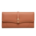 Long leather wallet for women in caramel brown with U-shaped gold metal buckle - Orange Pink