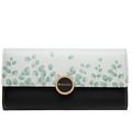 Women's tri-fold long wallet in green eucalyptus print and black faux leather - Black