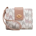 Women's PU leather wallet with pink geometric pattern, zipper closure, and wrist strap - Pink