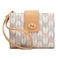 Women's pink and white geometric V-pattern PU leather short wallet with wristlet strap - Orange