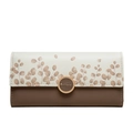 Women's long tri-fold wallet in beige leaf print and brown faux leather with gold clasp - Coffee