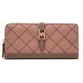 Detail of dust pink quilted long wallet showing gold ring buckle and brown leather accents - Dust Rose