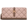 Pink quilted plaid leather long wallet for women with gold chain buckle and dual zippers - Pink
