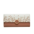 Women's long PU leather wallet featuring leaf pattern and brown color stitching - Dark Pink