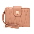 Kurzes Damen-Portemonnaie aus gestepptem rosa PU-Leder mit Blatt-Verschluss und Schlaufe - Rosa