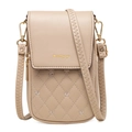 Quilted beige PU leather mini crossbody phone bag with floral embroidery and golden logo - Apricot