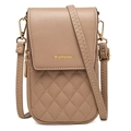 Detail showing khaki PU leather cell phone bag with quilted pattern and floral embroidery - Coffee