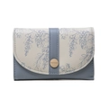 Detail of floral printed PU leather wallet featuring a gold round snap buckle by Prettyzys - Blue