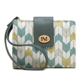 Short chevron print wallet with teal wrist strap and golden magnetic clasp detail - Green