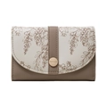 Close-up of a two-tone PU leather wallet with vintage floral print and gold metal buckle - Coffee