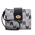 Detail of grey and pink chevron pattern wallet with gold logo and black wristlet strap - Black