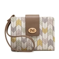 Detail of a geometric pattern wallet featuring brown leather flap and PdL metal plate - Coffee
