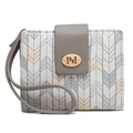 Detailed macro view of short women's fold wallet with chevron pattern and wrist strap - Gray