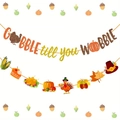 Glittery Gobble Till You Wobble banner with turkey and pumpkin festive elements - Thanksgiving Banner Theme (Gobble Till You Wobble)